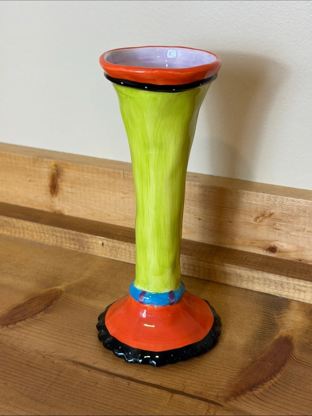 Hand-Painted Lime Green Ceramic Candle Holder with Orange Base Joy Design | EUC